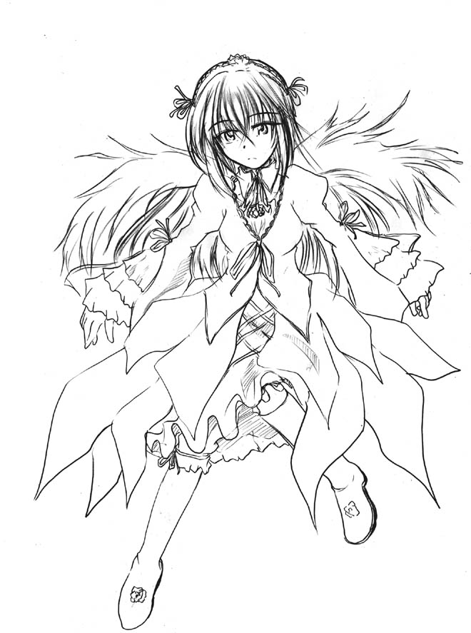 suigintou, rozen maiden, 00s, 1girl, female focus, full body, greyscale, looking at viewer, monochrome, simple background, sketch, solo, white background