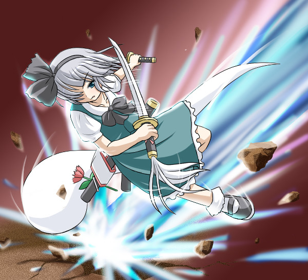 konpaku youmu, konpaku youmu (ghost), touhou, eyebrows, silver hair, 1girl, action, dual wielding, female focus, full body, ghost, green eyes, green skirt, green vest, hair over one eye, hitodama, holding, holding weapon, katana, mary janes, parted lips, scabbard, sheath, shoes, short hair, skirt, socks, solo, sword, unsheathed, vest, weapon, white socks