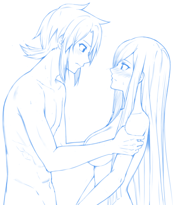 rourou ill, luke fon fabre, tear grants, tales of (series), tales of the abyss, commentary request, 1boy, 1girl, blue theme, blush, breasts, closed mouth, collarbone, from side, hands on another's arms, large breasts, lineart, long hair, looking at another, navel, nude, profile, short hair, sidelocks, stomach, sweatdrop, upper body, white background