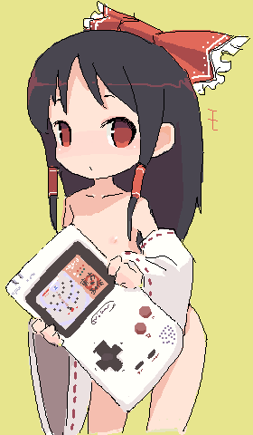 mota, hakurei reimu, touhou, lowres, 1girl, black hair, detached sleeves, female focus, flat chest, game boy, game boy (original), handheld game console, nude, oekaki, red eyes, solo