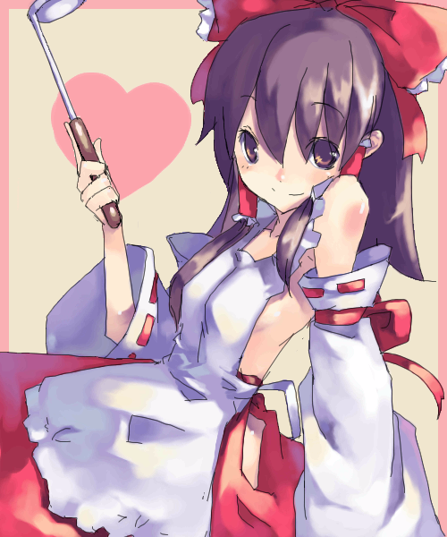 hakurei reimu, touhou, 1girl, apron, bow, brown hair, detached sleeves, female focus, heart, ladle, smile, solo