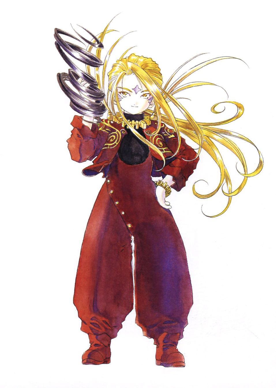 marller, aa megami-sama, highres, official art, 1girl, aged down, blonde hair, boots, demon girl, gloves, long hair, petite, solo, tornado, yellow eyes