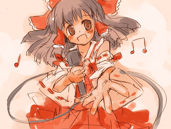 momiji mao, hakurei reimu, touhou, 1girl, beamed quavers, female focus, microphone, music, musical note, open mouth, outstretched hand, singing, solo