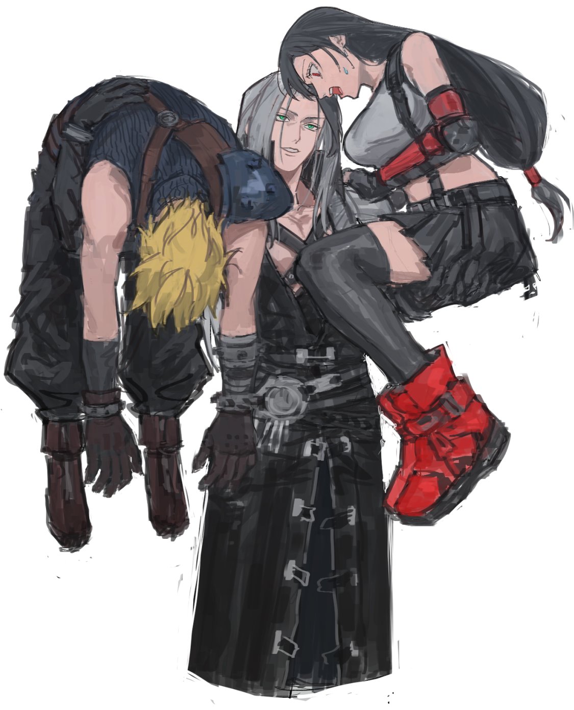 sundayauruu, cloud strife, sephiroth, tifa lockhart, final fantasy, final fantasy vii, final fantasy vii rebirth, final fantasy vii remake, commentary, english commentary, highres, 1girl, 2boys, armor, baggy pants, bare shoulders, black coat, black gloves, black hair, black skirt, black thighhighs, blonde hair, boots, breasts, brown boots, carrying, carrying person, chest strap, coat, crop top, gloves, green eyes, grey hair, large breasts, lifting person, long hair, looking at another, low-tied long hair, multiple boys, open mouth, pants, parted bangs, parted lips, red boots, red eyes, shoulder armor, skirt, sleeveless, sleeveless turtleneck, spiked hair, suspender skirt, suspenders, sweater, tank top, thighhighs, turtleneck, turtleneck sweater, white background, white tank top