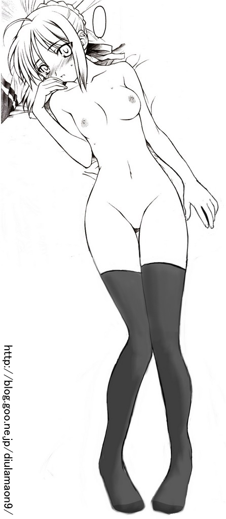 artoria pendragon (fate), saber (fate), fate/stay night, fate (series), 00s, 1girl, ahoge, bed, blush, breasts, female focus, greyscale, large breasts, monochrome, nipples, nude, solo, thighhighs