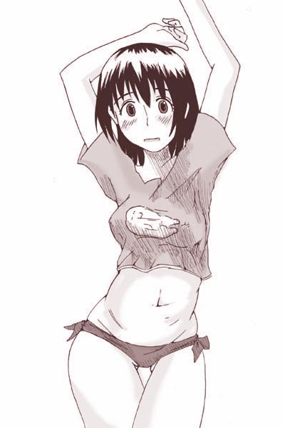 abubu, aramaki scaltinof, ayase fuuka, yotsubato!, 1girl, bikini, blush, female focus, greyscale, monochrome, side-tie bikini bottom, solo, swimsuit, thick eyebrows