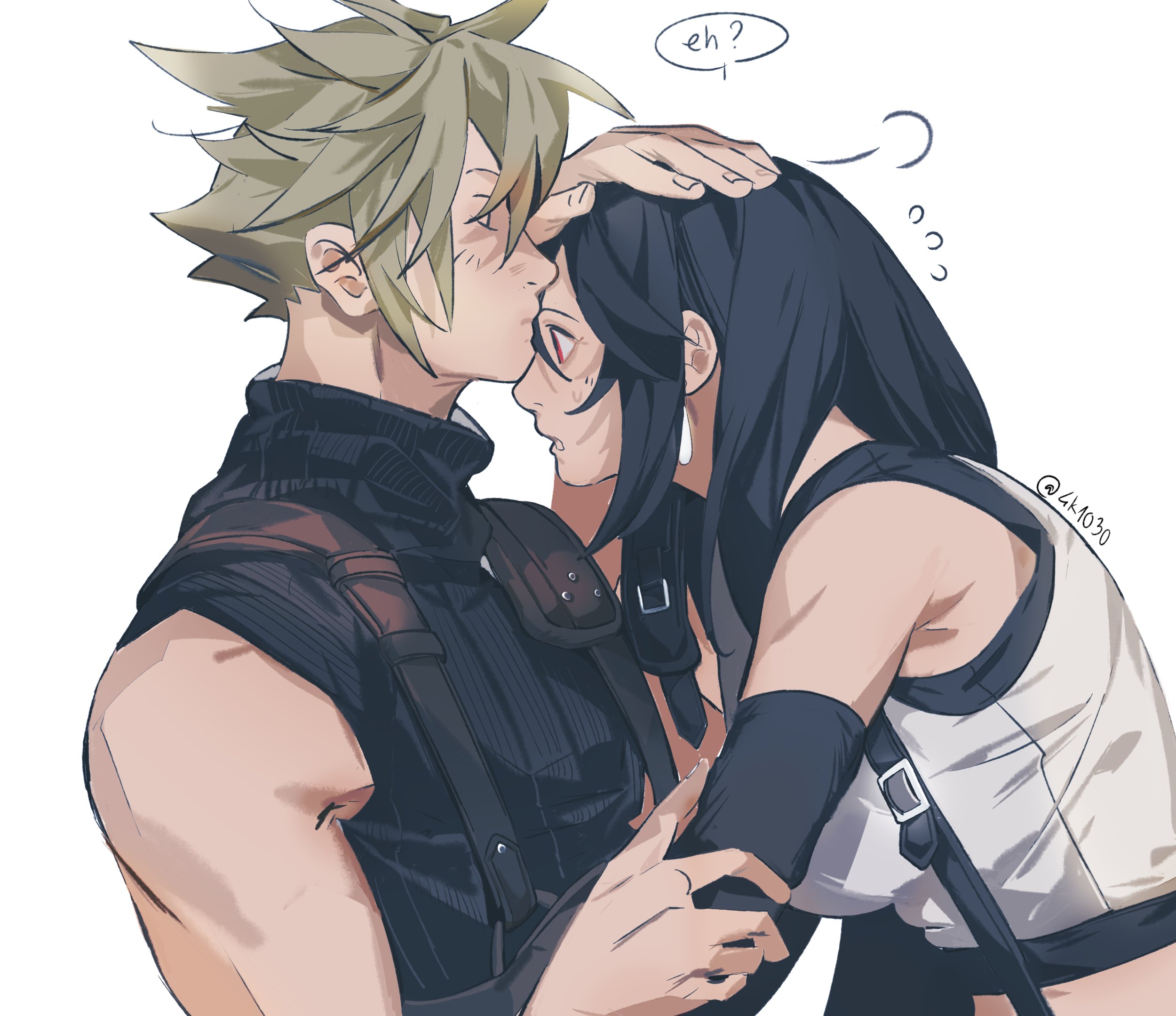 4k1030, cloud strife, tifa lockhart, final fantasy, final fantasy vii, final fantasy vii rebirth, final fantasy vii remake, highres, 1boy, 1girl, bare shoulders, black gloves, black hair, black sports bra, blonde hair, breasts, crop top, earrings, elbow gloves, flying sweatdrops, from side, gloves, hand on another's arm, hand on another's head, headpat, jewelry, kiss, kissing forehead, long hair, medium breasts, open mouth, profile, puff of air, red eyes, simple background, single earring, sleeveless, sleeveless turtleneck, spiked hair, sports bra, suspenders, sweater, tank top, turtleneck, turtleneck sweater, twitter username, upper body, white background, white tank top