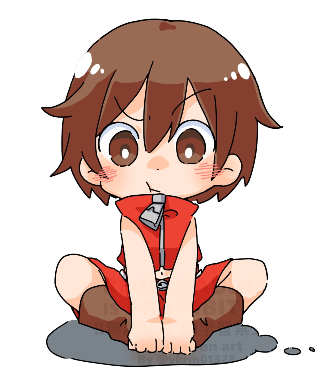sakuma (ykrm), meiko (vocaloid), vocaloid, commentary request, highres, 1girl, :t, belt, blush, boots, brown eyes, brown hair, butterfly sitting, chibi, crop top, full body, high collar, looking at viewer, midriff, navel, shirt, short hair, sitting, skirt, sleeveless, sleeveless shirt, v-shaped eyebrows, watermark, zipper, zipper pull tab