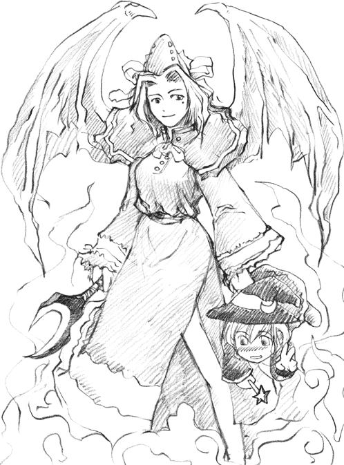 wizneko, kirisame marisa, kirisame marisa (pc-98), mima (touhou), touhou, touhou (pc-98), 2girls, carrying, carrying person, female focus, greyscale, hat, long sleeves, mole, mole under eye, monochrome, multiple girls, witch hat, wizard hat