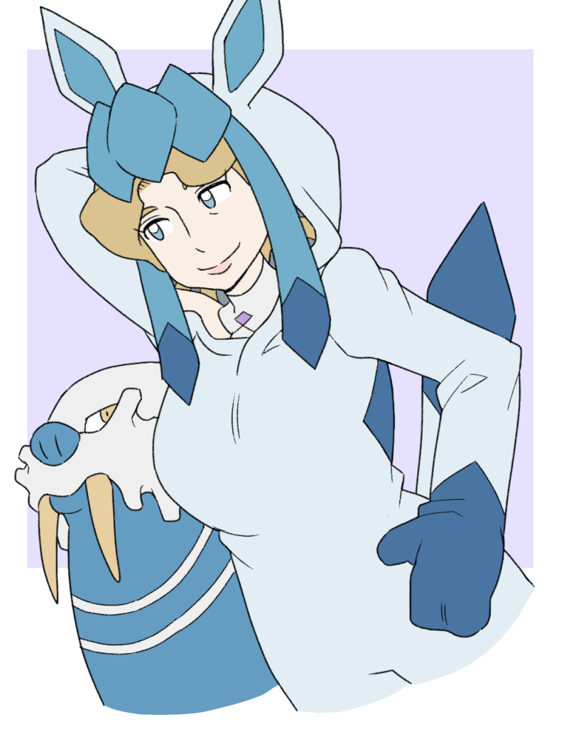 drawfag, glaceon, glacia (pokemon), walrein, nintendo, pokemon, pokemon oras, 1girl, arms behind head, blonde hair, blue eyes, detached collar, dutch angle, gen 3 pokemon, gen 4 pokemon, glaceon (cosplay), hand on own hip, hood, hood up, onesie, pink lips, purple background, smile, solo