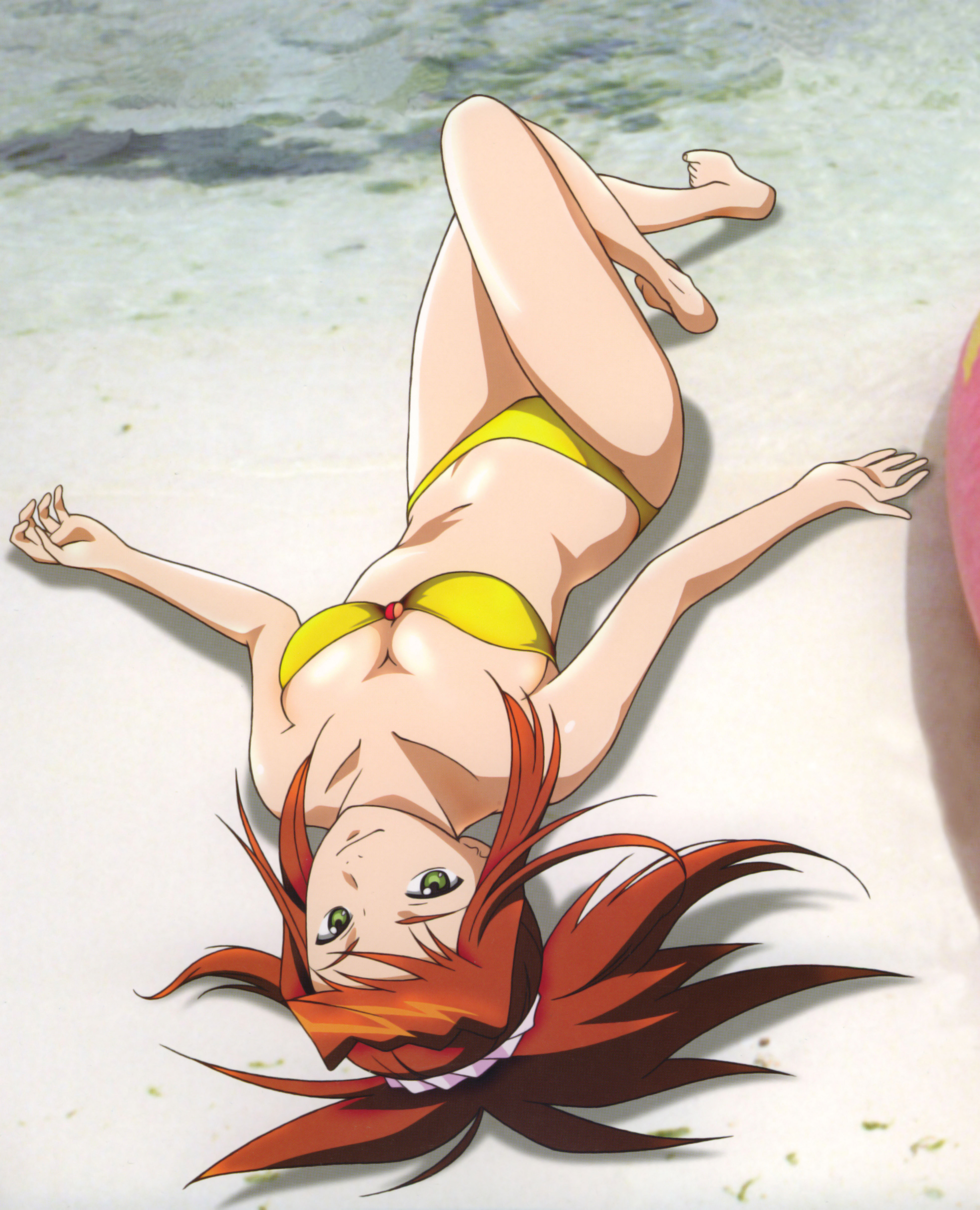 hisayuki hirokazu, sugiura midori, my-hime, absurdres, highres, 00s, 1girl, bandeau, barefoot, beach, bikini, breasts, brown hair, cleavage, day, feet, female focus, foreshortening, from above, green eyes, legs, long hair, looking at viewer, lying, on back, on ground, orange hair, outdoors, outstretched arms, photo background, ponytail, scrunchie, shadow, smile, solo, spread arms, swimsuit, yellow bikini
