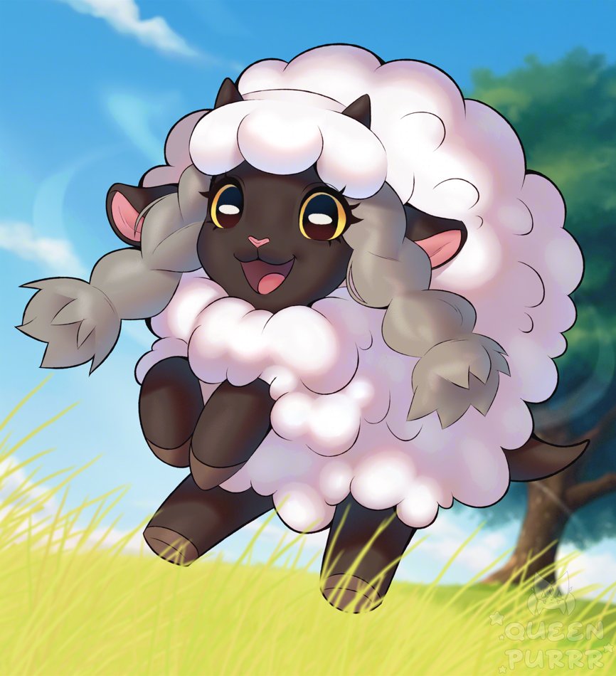 queen purrr, wooloo, nintendo, pokemon, :3, animal focus, artist name, blue sky, brown eyes, cloud, colored sclera, day, full body, gen 8 pokemon, grass, happy, horizontal pupils, looking at viewer, no humans, open mouth, outdoors, pokemon (creature), sky, smile, solo, tree, watermark, yellow sclera