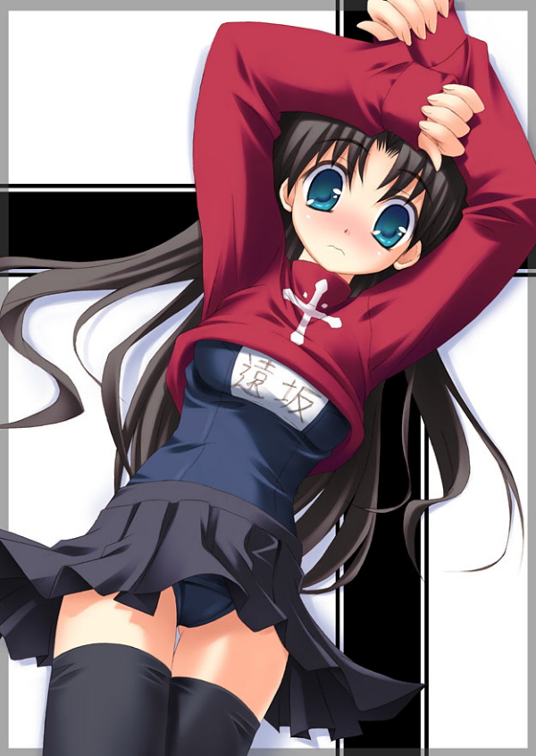 kouzuki hajime, tohsaka rin, fate/stay night, fate (series), 00s, 1girl, abstract background, black thighhighs, blue one-piece swimsuit, blush, embarrassed, female focus, name tag, one-piece swimsuit, school swimsuit, skirt, solo, swimsuit, swimsuit under clothes, thighhighs, turtleneck