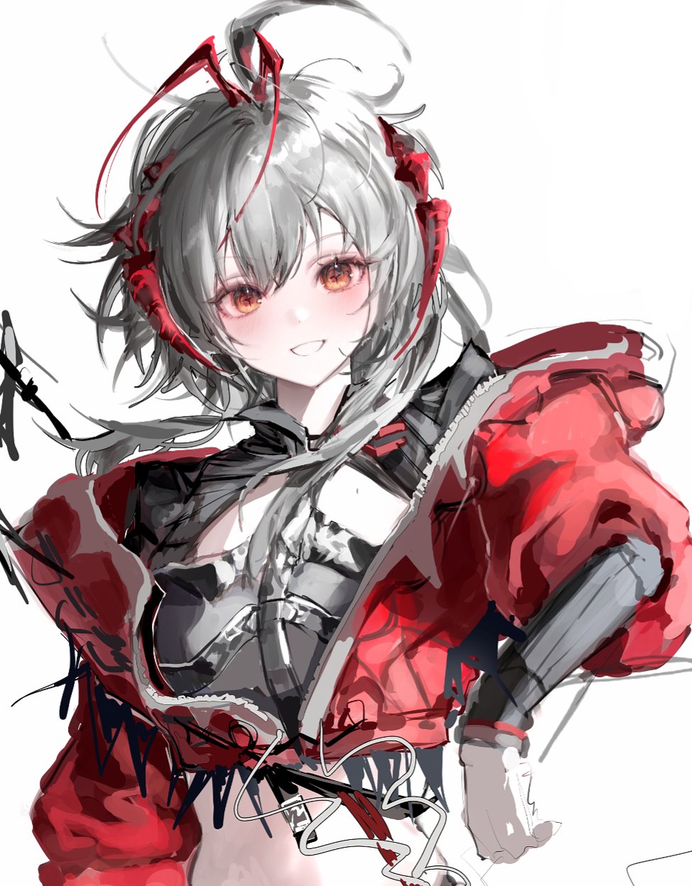 w (arknights), wis'adel (arknights), arknights, highres, 1girl, 8×9 1t, :d, antenna hair, black shirt, blush, crop top, cropped jacket, cropped shirt, grey hair, grin, jacket, looking at viewer, multicolored hair, open mouth, orange eyes, red hair, red jacket, shirt, short hair with long locks, simple background, sketch, smile, solo, streaked hair, upper body, white background