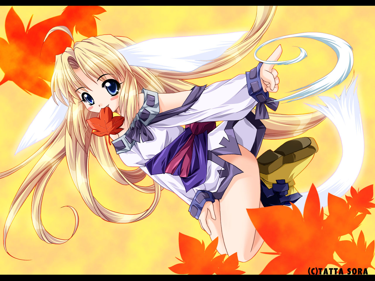 tatta sora, canada-tan, original, 1girl, ahoge, animal, blonde hair, blue eyes, blush, canadatan, fang, female focus, head wings, leaf, long hair, maple leaf, mouth hold, no panties, solo, tail, very long hair, wings