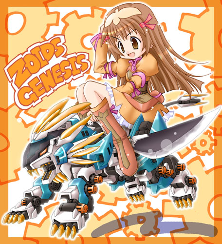 hijiri rue, murasame liger, re mii, zoids, zoids genesis, lowres, 00s, 1girl, brown hair, copyright name, female focus, long hair, riding, solo