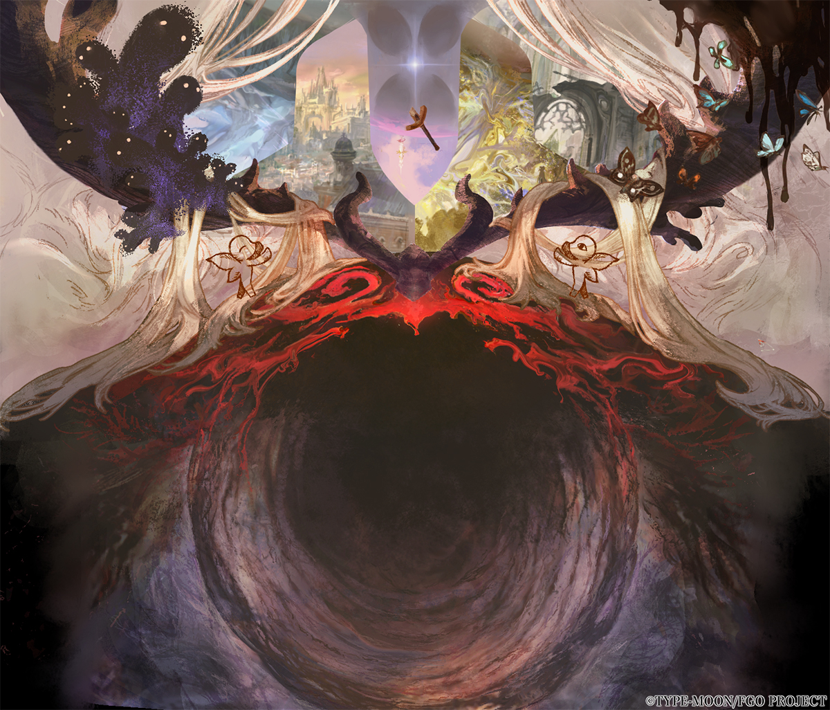 puccapucca02, cernunnos (fate), fate/grand order, fate (series), official art, avalon le fae (fate/grand order), broken, broken weapon, bug, butterfly, castle, company name, copyright name, copyright notice, excalibur (fate/stay night), fairy, insect, no humans, sword, tower, vortex, weapon
