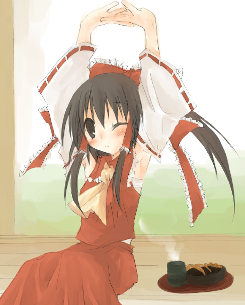 hakurei reimu, touhou, 1girl, armpits, bow, brown hair, cracker, cup, detached sleeves, female focus, food, hair bow, hair tubes, long sleeves, red bow, red shirt, red skirt, ribbon, senbei, shirt, skirt, solo, steam, tea, wooden floor, yunomi