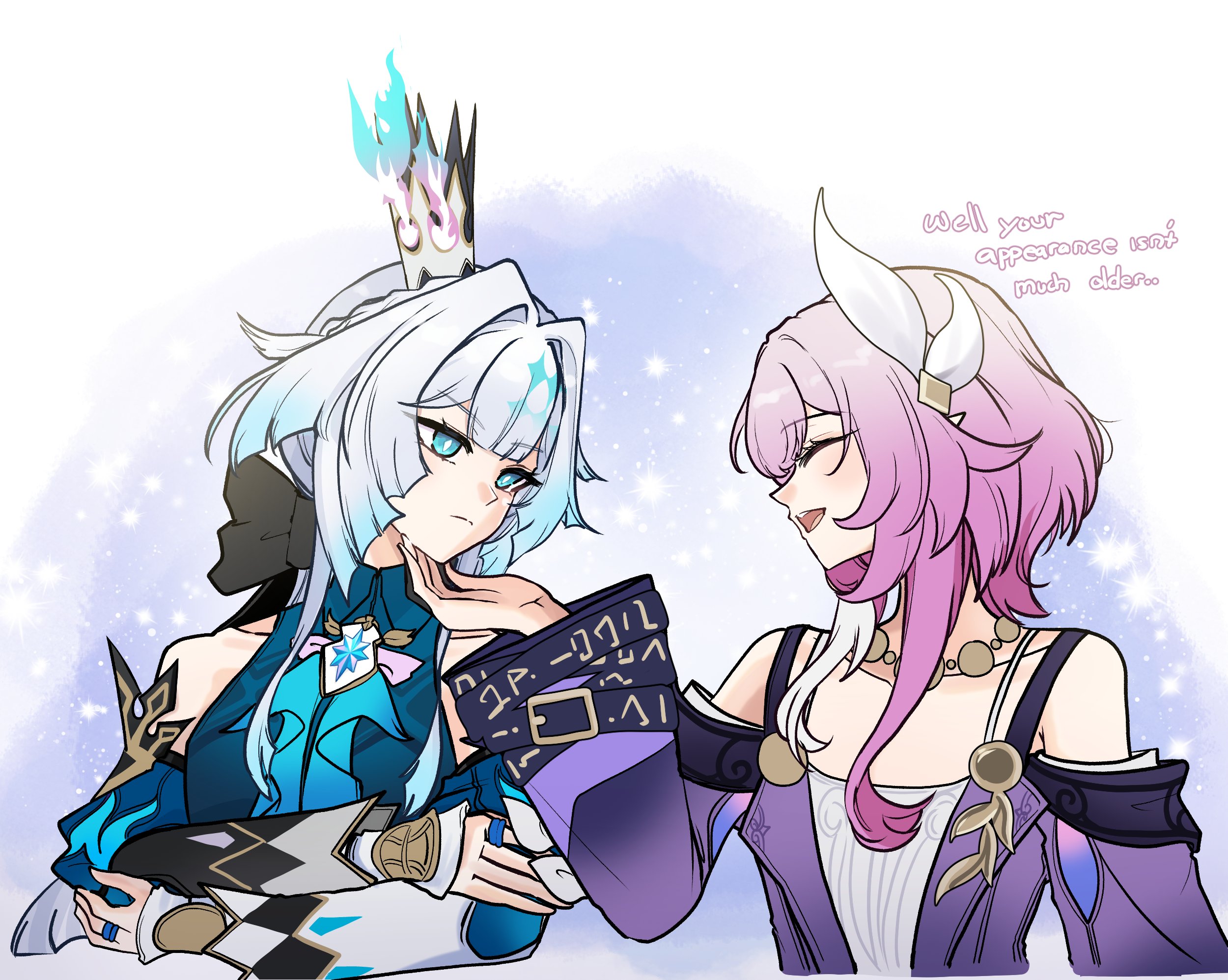 choikfu, cerydra (honkai: star rail), cyrene (honkai: star rail), honkai: star rail, honkai (series), commentary, english commentary, highres, 2girls, bare shoulders, blue dress, blue eyes, blue hair, breasts, coat, crossed arms, crown, detached sleeves, dress, english text, hair intakes, hair ornament, hand on another's chin, jewelry, long hair, looking at another, medium hair, multicolored hair, multiple girls, necklace, pink hair, purple coat, small breasts, smile, two-tone hair, white dress, white hair