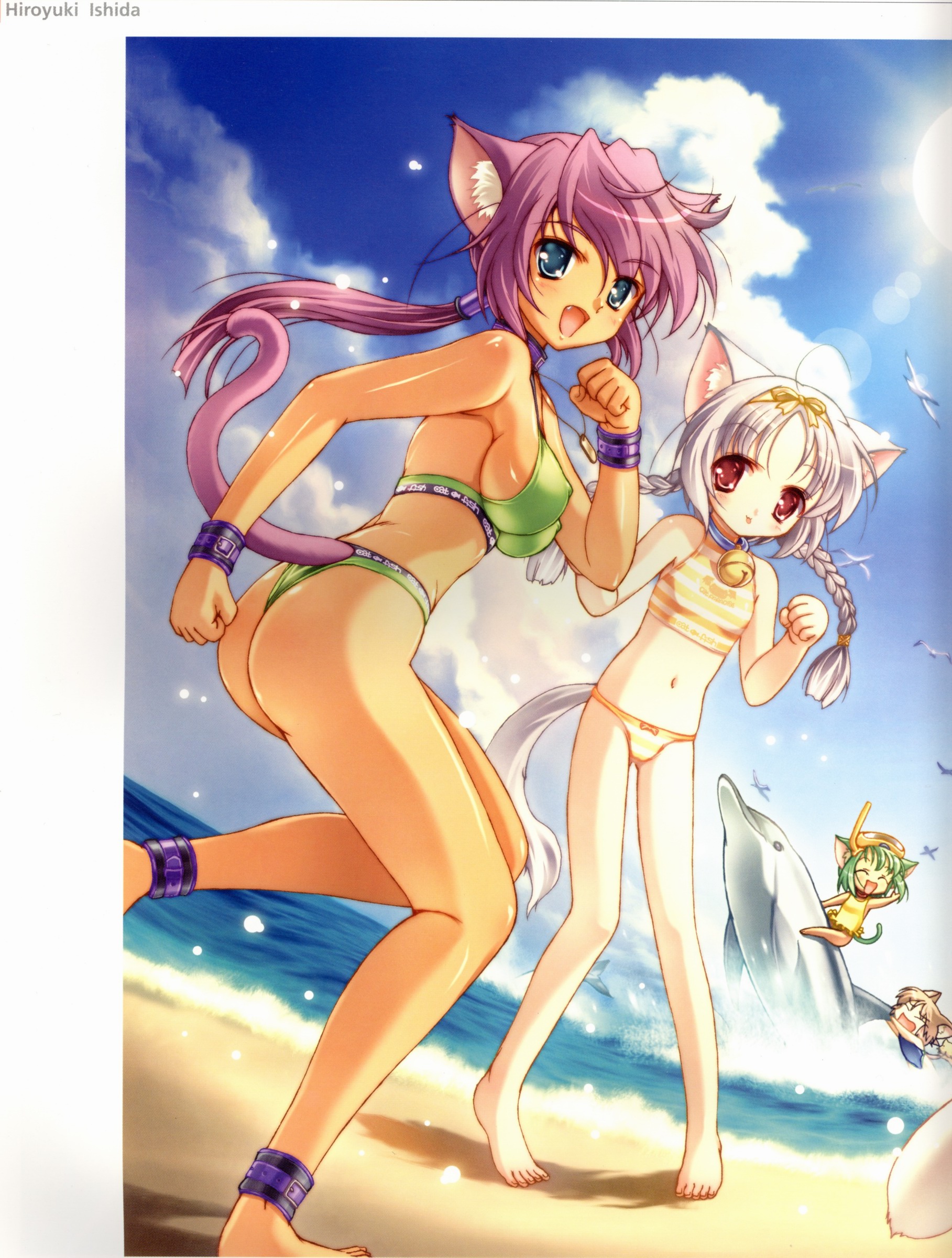 ishida hiroyuki, megami magazine, striped, absurdres, highres, scan, 4girls, :p, animal ears, ankle cuffs, anklet, ass, beach, bell, bikini, blue eyes, braid, breasts, casual one-piece swimsuit, cat ears, cat tail, chibi, closed eyes, collar, covered erect nipples, cuffs, day, diving mask, dolphin, fang, goggles, green hair, jewelry, jingle bell, large breasts, long hair, multiple girls, neck bell, ocean, one-piece swimsuit, open mouth, outdoors, pink hair, ponytail, purple hair, short hair, sideboob, sky, snorkel, sports bikini, swimsuit, tail, thong bikini, tongue, tongue out, twin braids, water, white hair, wrist cuffs