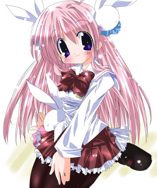 misha, misha (pita ten), pita ten, 1girl, animal ears, black pantyhose, blush, bow, bowtie, female focus, hair ornament, long hair, looking at viewer, pantyhose, pink hair, purple eyes, rabbit ears, rabbit hair ornament, school uniform, skirt, smile, solo, waitress, white background