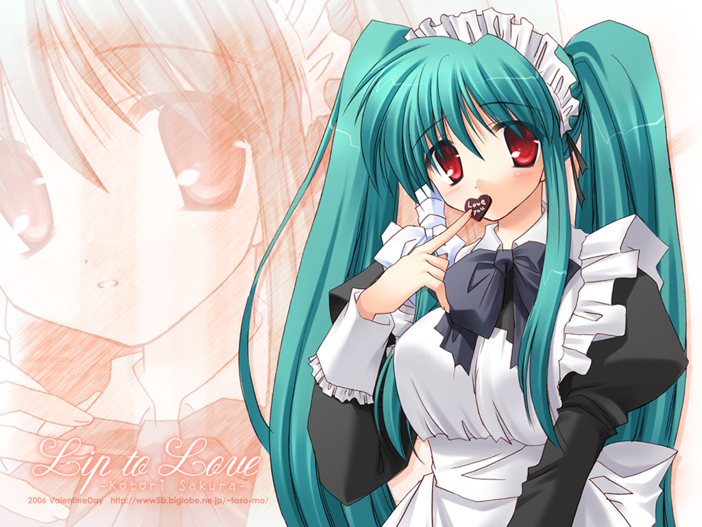 izumi makoto, duplicate, 1girl, aqua hair, blush, female focus, frills, long hair, maid, red eyes, solo, twintails, valentine