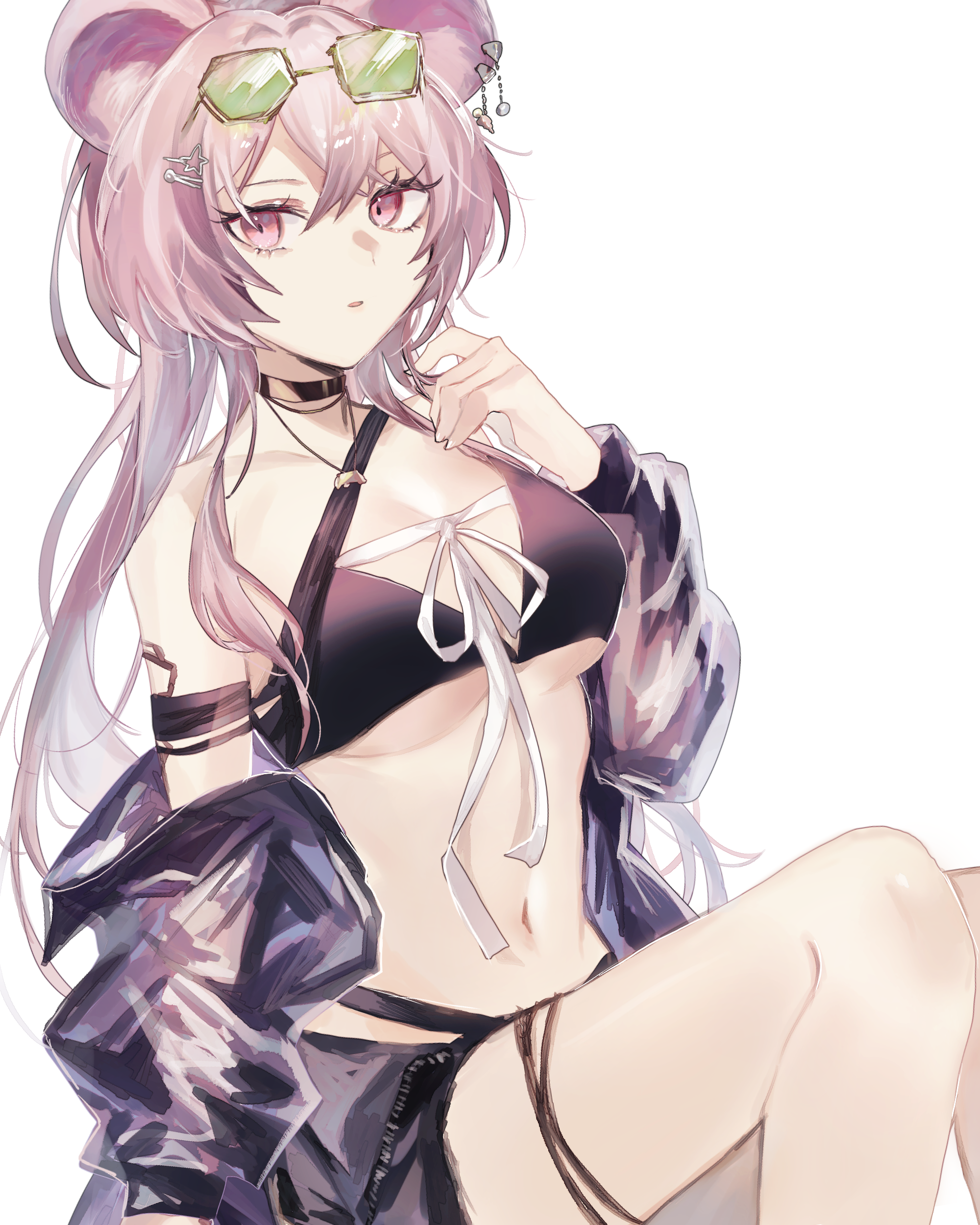 fumi (rdbm), lin (arknights), lin (summer) (arknights), arknights, absurdres, commentary request, highres, partial commentary, 1girl, animal ears, bikini, black bikini, black choker, breasts, choker, cowboy shot, eyewear on head, green-tinted eyewear, hair between eyes, hair ornament, hairclip, hand up, long hair, looking at viewer, medium breasts, navel, official alternate costume, parted lips, pink eyes, pink hair, simple background, sitting, solo, swimsuit, tinted eyewear, white background