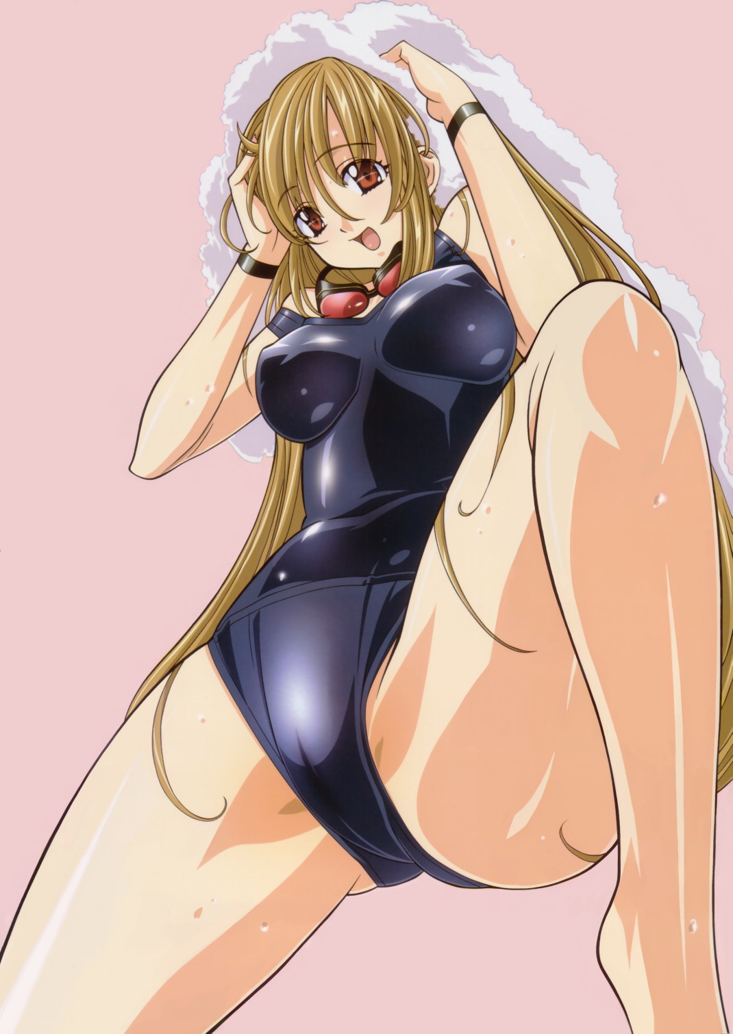 kuroda kazuya, original, highres, 1girl, black one-piece swimsuit, breasts, brown eyes, brown hair, female focus, knee up, large breasts, long hair, looking at viewer, one-piece swimsuit, pink background, red-tinted eyewear, school swimsuit, simple background, solo, swimsuit, tinted eyewear, towel, towel on head, very long hair
