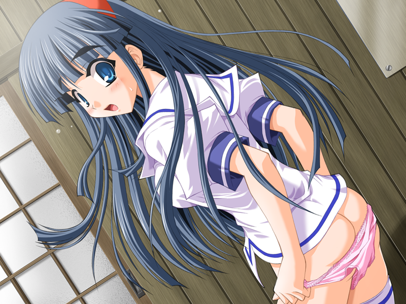 yamino kenji, yakimochi twinbell, game cg, 1girl, ass, blouse, blue eyes, blue hair, blush, bottomless, butt crack, dutch angle, female focus, hairband, long hair, matching hair/eyes, no pants, panties, panty pull, pink panties, school uniform, serafuku, shirt, solo, thighhighs, underwear, undressing, white thighhighs