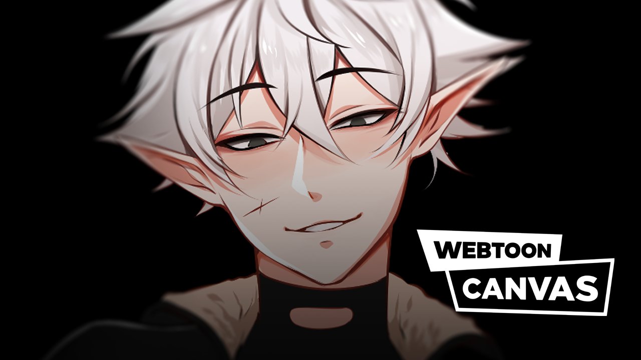 elfboiii, commentary, english commentary, promotional art, 1boy, 1hp club, black shirt, brown eyes, cross scar, crossed bangs, double-parted bangs, fur trim, grin, hair between eyes, looking at viewer, male focus, obi (1hp club), pointy ears, scar, scar on face, shirt, short hair, smile, solo, watermark, white hair