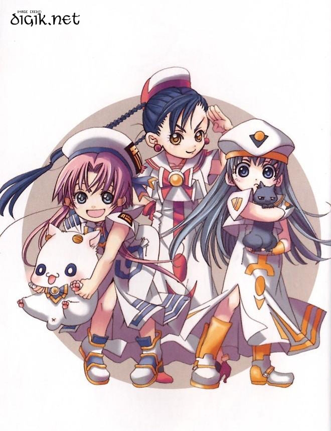 amano kozue, aika granzchesta, alice carroll, aria pokoteng, hime granzchesta, mizunashi akari, aria (manga), 00s, 3girls, black cat, blouse, blue eyes, blue hair, braid, brown eyes, carrying, cat, chibi, chibi only, grey hair, hat, long hair, multiple girls, pink hair, salute, shirt, short hair, smile, standing, twin braids, white shirt