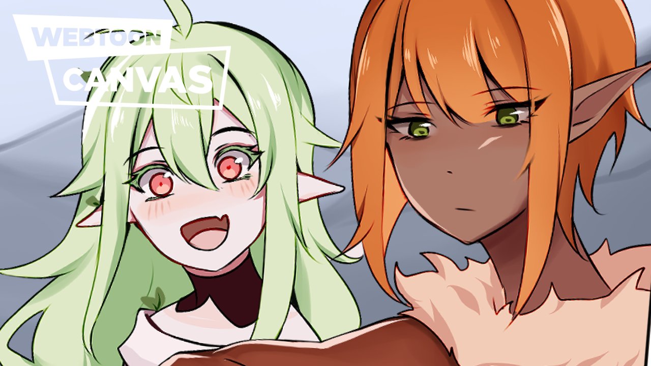 elfboiii, commentary, english commentary, promotional art, 1hp club, 2girls, :/, :d, ahoge, dark-skinned female, dark skin, echori (1hp club), fang, fur collar, green eyes, green hair, multiple girls, open mouth, orange hair, pointy ears, red eyes, sidelocks, skin fang, smile, upper body, valrona (1hp club), watermark