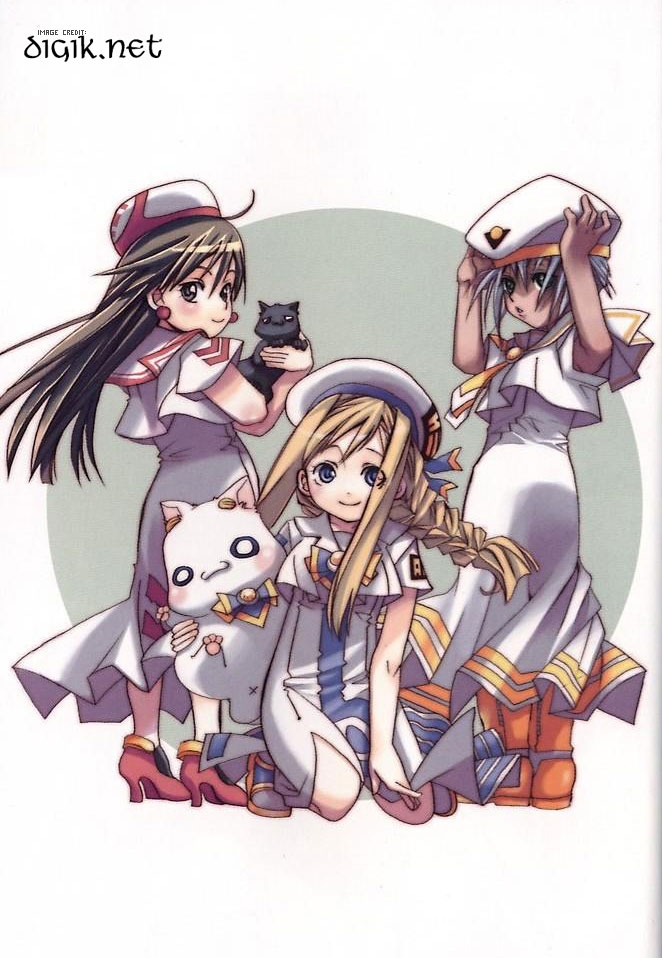 amano kozue, akira ferrari, alicia florence, aria pokoteng, athena glory, hime granzchesta, aria (manga), silver hair, 00s, 3girls, ahoge, armpit peek, black cat, blonde hair, blouse, blue eyes, boots, braid, brown eyes, brown hair, cat, chibi, chibi only, dark-skinned female, dark skin, dress, earrings, green eyes, hat, high heels, jewelry, kneeling, long hair, multiple girls, necktie, shirt, shoes, short hair, single braid, smile, standing, white shirt