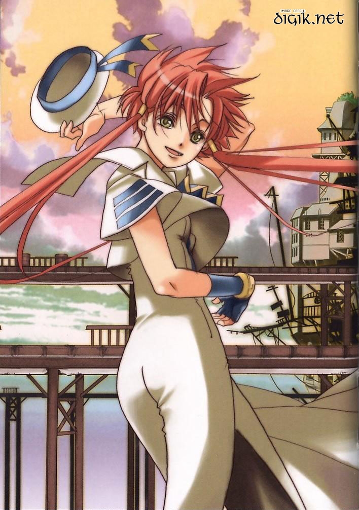 amano kozue, mizunashi akari, aria (manga), 00s, 1girl, :d, beret, blouse, blush, bridge, building, capelet, dress, female focus, from behind, green eyes, hair tubes, hat, long hair, looking at viewer, looking back, open mouth, outdoors, pantyhose, pink hair, pole, red hair, ruins, shirt, short hair with long locks, smile, solo, teeth, twintails, unworn hat, unworn headwear, white dress, white shirt