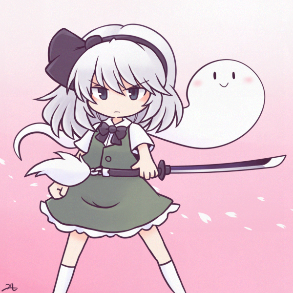 216, konpaku youmu, konpaku youmu (ghost), touhou, 1girl, black bow, black bowtie, black hairband, bow, bow hairband, bowtie, frilled skirt, frills, frown, green skirt, hairband, holding, holding sword, holding weapon, katana, looking at viewer, short hair, short sleeves, signature, skirt, smile, socks, sword, v-shaped eyebrows, weapon, white hair, white socks