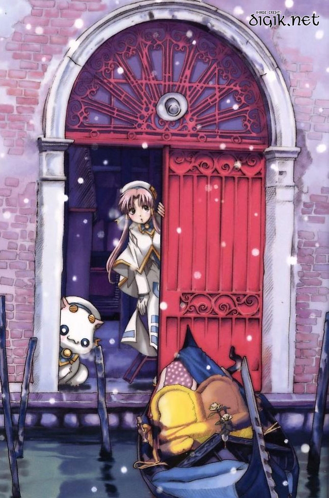 amano kozue, aria pokoteng, mizunashi akari, aria (manga), wall, 00s, 1girl, blue pantyhose, breath, doorway, female focus, flower, gondola, hat, high collar, pantyhose, peeking, short hair with long locks, snowing, solo, water