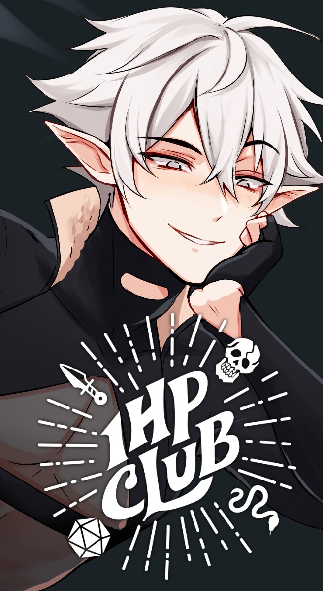 elfboiii, commentary, english commentary, promotional art, 1boy, 1hp club, :d, black gloves, black shirt, crossed bangs, double-parted bangs, fingerless gloves, gloves, grey eyes, grin, hair between eyes, hand on own chin, male focus, obi (1hp club), open mouth, pointy ears, see-through cleavage, see-through clothes, shirt, short hair, smile, solo, upper body, watermark, white hair