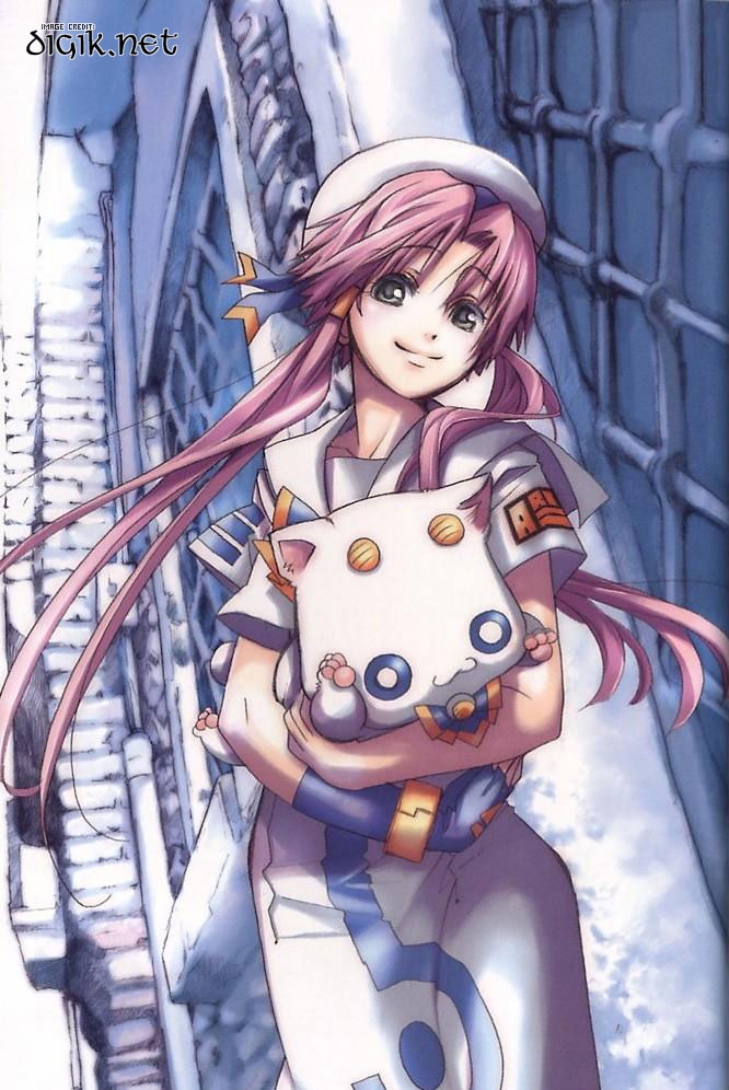 amano kozue, aria pokoteng, mizunashi akari, aria (manga), 00s, 1girl, animal, blouse, bow, cat, female focus, green eyes, hat, long hair, pink hair, ribbon, shirt, short hair with long locks, smile, solo, twintails, white shirt