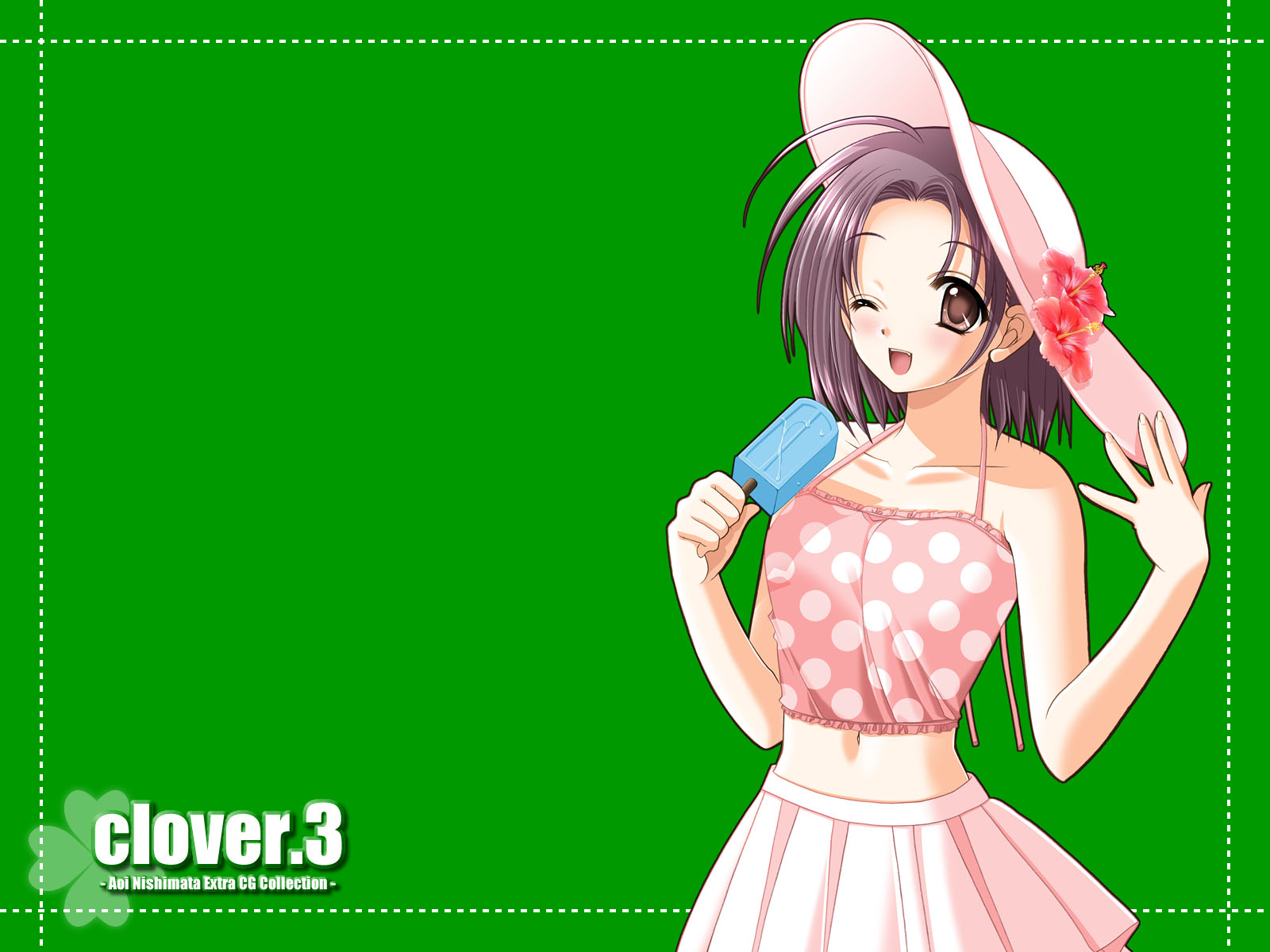 nishimata aoi, clover (game cg), highres, 1girl, ;d, ahoge, artist name, bare arms, blush, brown eyes, camisole, clover, collarbone, copyright name, female focus, flower, food, green background, halterneck, hand on headwear, hat, hat flower, hibiscus, holding, midriff, navel, one eye closed, open mouth, parted bangs, pink skirt, polka dot, popsicle, purple hair, short hair, simple background, skirt, sleeveless, smile, solo, sun hat