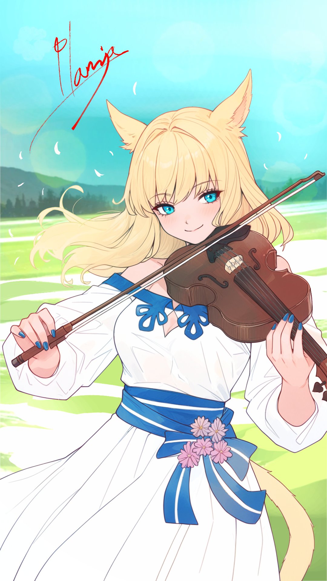 warrior of light (ff14), final fantasy, final fantasy xiv, highres, 1girl, animal ears, artist name, blonde hair, blue eyes, blue nails, blue sash, blue sky, cat ears, cat girl, cat tail, cleavage cutout, clothing cutout, dress, holding, holding instrument, holding violin, instrument, long hair, miqo'te, music, nail polish, off-shoulder dress, off shoulder, outdoors, plamja jukov, playing instrument, sash, signature, sky, smile, solo, tail, violin, white dress