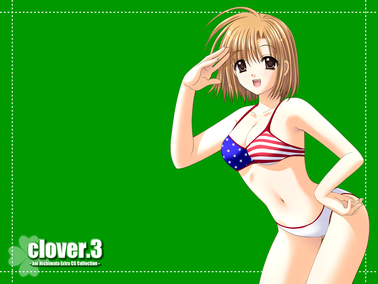 nishimata aoi, clover (game cg), highres, 1girl, american flag, american flag bikini, american flag print, bikini, blonde hair, brown eyes, brown hair, clover, female focus, flag print, flag print bikini, green background, print bikini, solo, swimsuit, united states