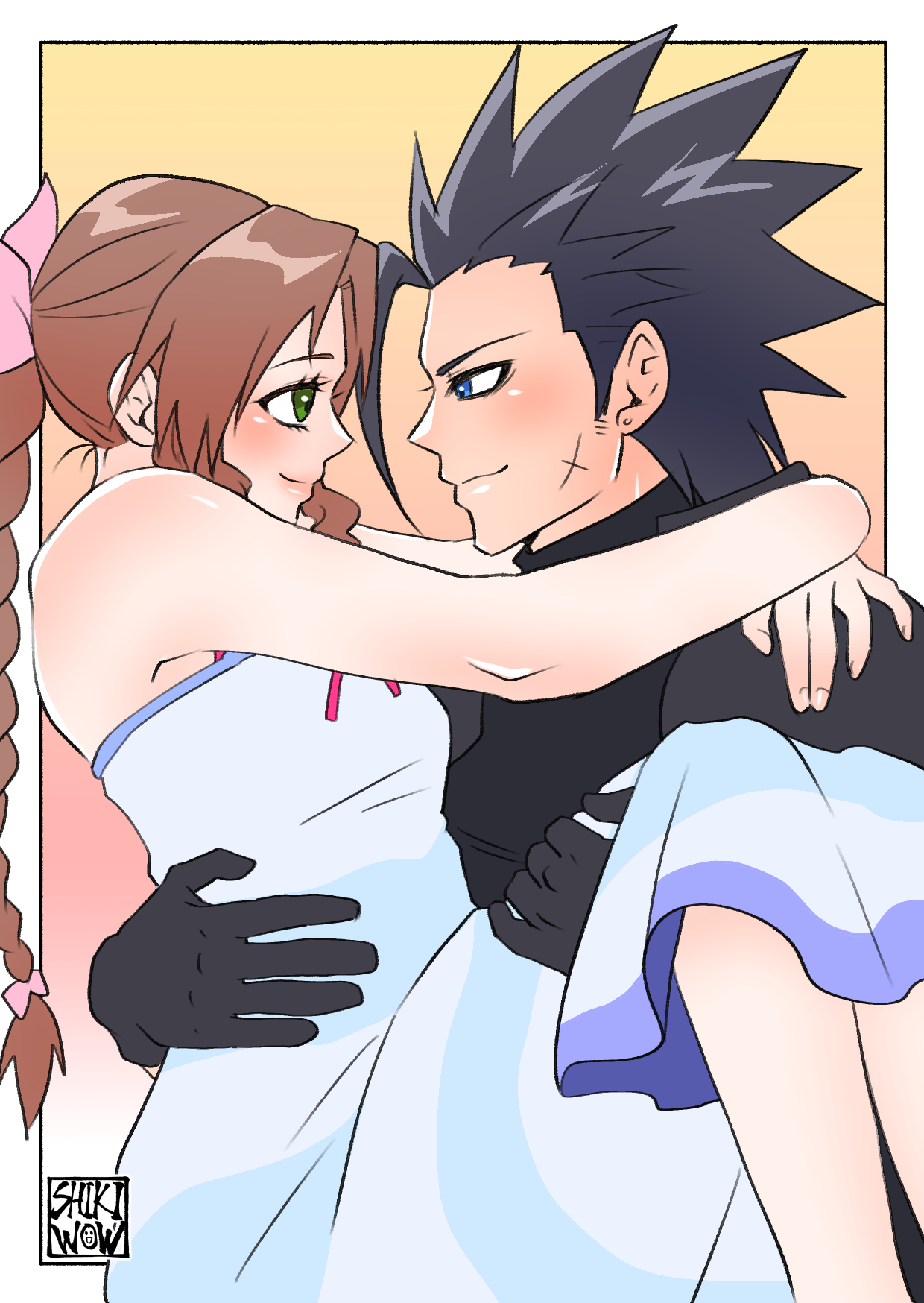 shikiwo, aerith gainsborough, zack fair, crisis core final fantasy vii, final fantasy, final fantasy vii, commentary request, highres, 1boy, 1girl, armor, arms around neck, bare arms, bare shoulders, black gloves, black hair, blue eyes, braid, braided ponytail, brown hair, carrying, closed mouth, couple, cross scar, dress, facial scar, feet out of frame, gloves, green eyes, hair ribbon, looking at another, parted bangs, pink ribbon, ponytail, princess carry, profile, ribbon, scar, scar on cheek, scar on face, shoulder armor, signature, sleeveless, sleeveless dress, smile, spiked hair, sweater, turtleneck, turtleneck sweater