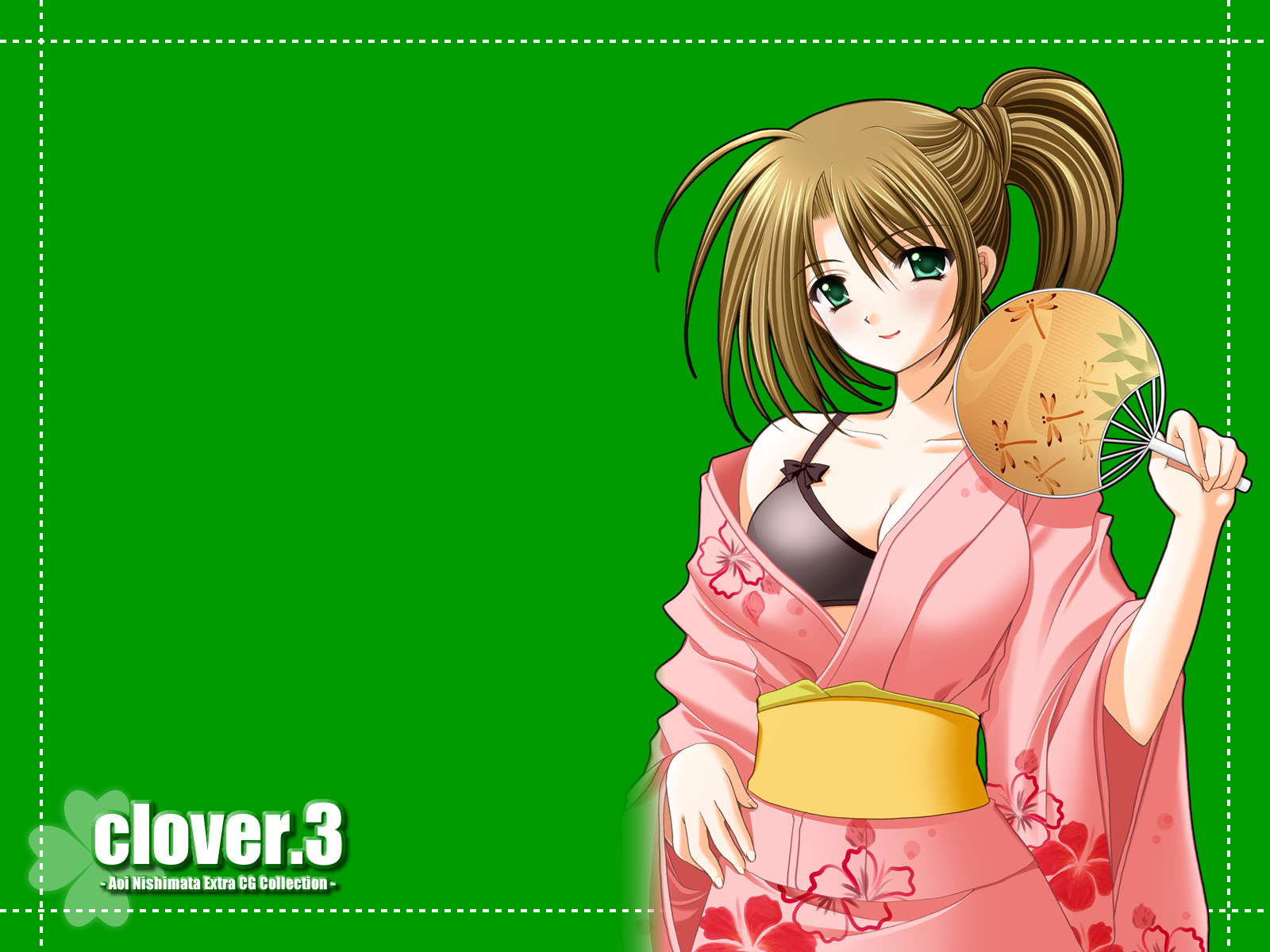 nishimata aoi, clover (game cg), highres, 1girl, animal print, artist name, black bra, blush, bow, bow bra, bra, breasts, brown hair, bug, cleavage, clover, copyright name, dragonfly, female focus, floral print, green background, green eyes, hand fan, hand on own hip, holding, holding fan, insect, japanese clothes, kimono, large breasts, looking at viewer, obi, off shoulder, paper fan, pink kimono, sash, side ponytail, simple background, smile, solo, uchiwa, underwear, yukata