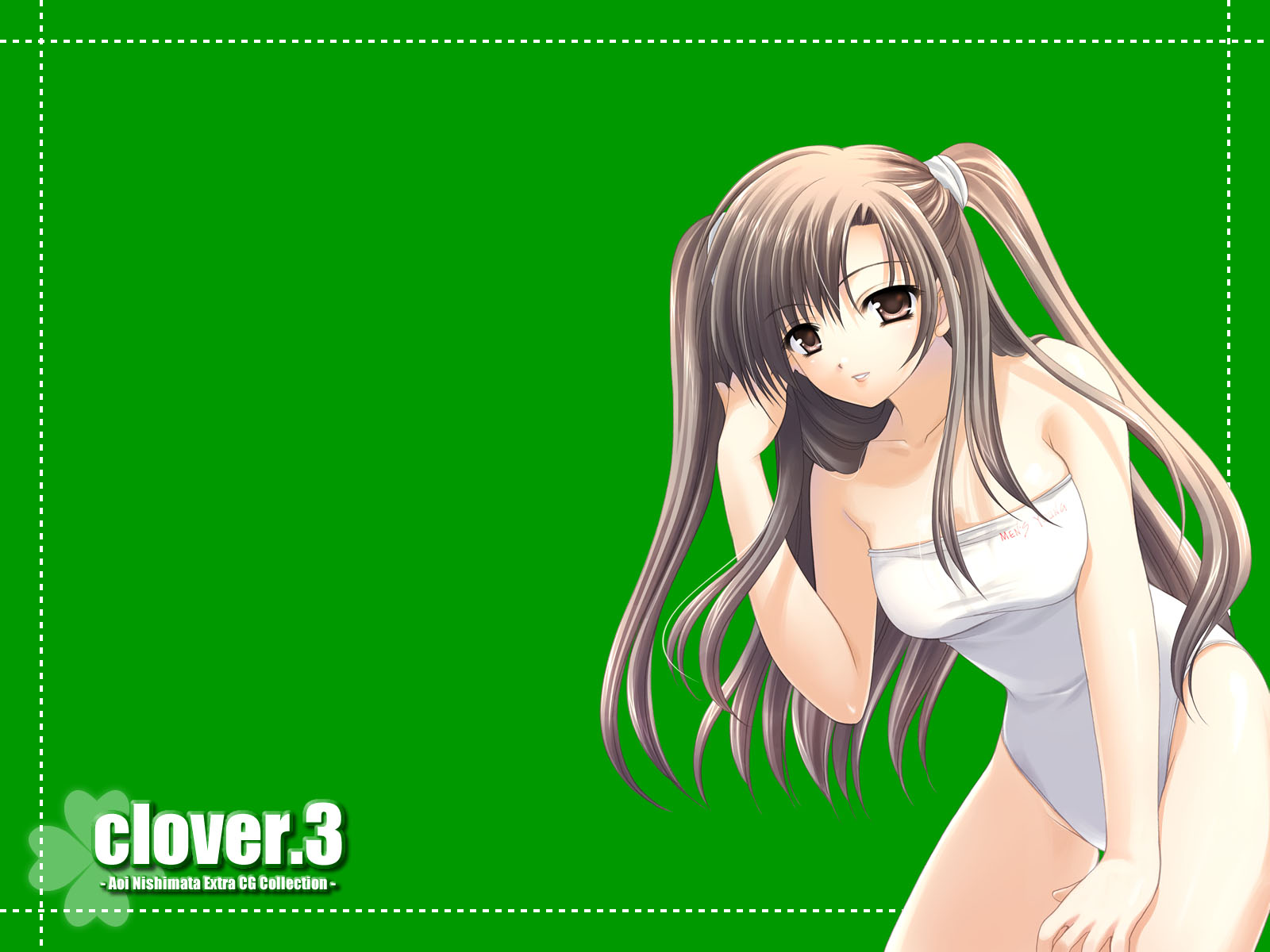 nishimata aoi, clover (game cg), highres, 1girl, adjusting hair, bare shoulders, breasts, brown eyes, brown hair, casual one-piece swimsuit, clover, female focus, green background, leaning forward, long hair, one-piece swimsuit, smile, solo, swimsuit, twintails