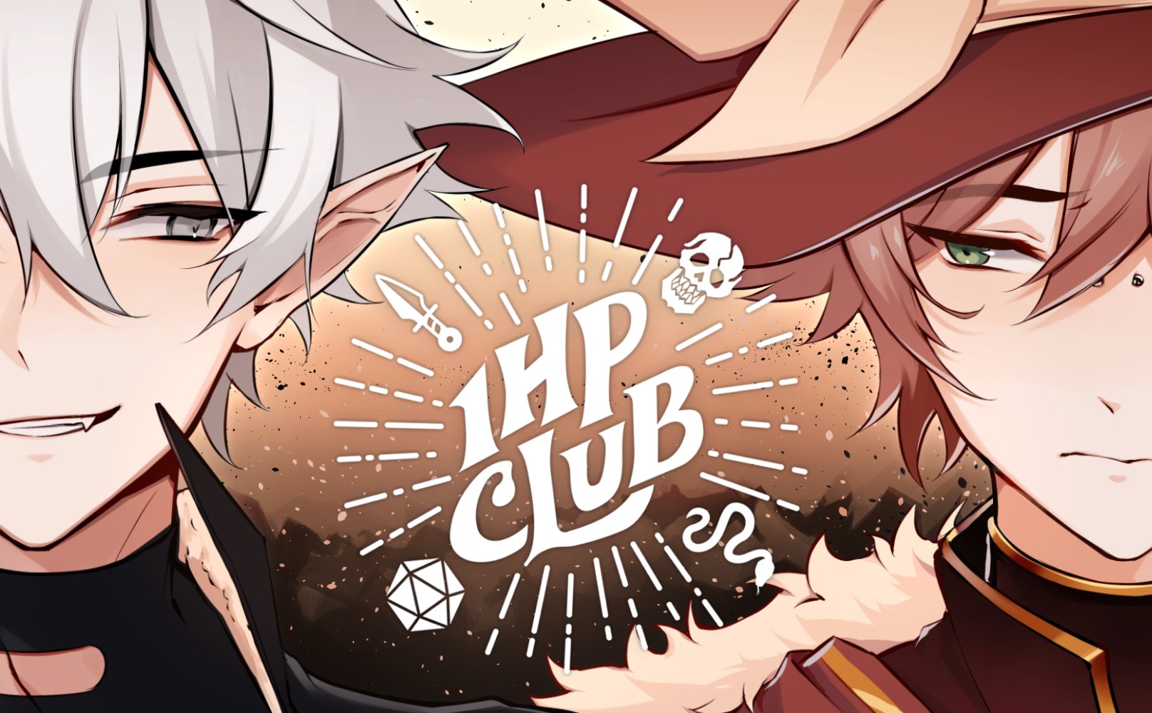 elfboiii, commentary, english commentary, highres, promotional art, 1hp club, 2boys, :d, black shirt, bridge piercing, brown hair, coat, copyright name, crossed bangs, double-parted bangs, face piercing, fang, fur collar, green eyes, grey eyes, grin, hair between eyes, hat, looking at another, male focus, multiple boys, niffin (1hp club), obi (1hp club), open mouth, out of frame, piercing, pointy ears, portrait, red coat, shirt, smile, split screen, white hair