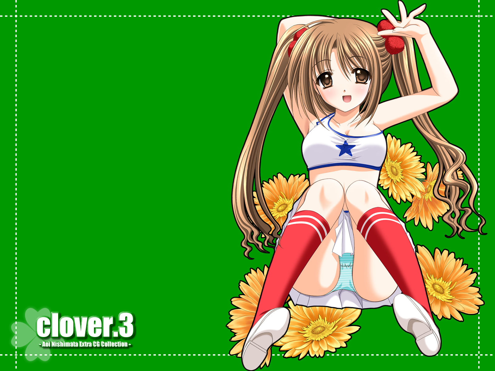 nishimata aoi, clover (game cg), highres, 1girl, :d, armpits, arms up, artist name, blue panties, blush, brown eyes, brown hair, clover, copyright name, crop top, daisy (flower), female focus, floral background, flower, full body, green background, hair bobbles, hair ornament, kneehighs, long hair, looking at viewer, miniskirt, open mouth, panties, pantyshot, red socks, shoes, simple background, sitting, skirt, smile, socks, solo, star (symbol), star print, striped clothes, striped panties, twintails, underwear, upskirt