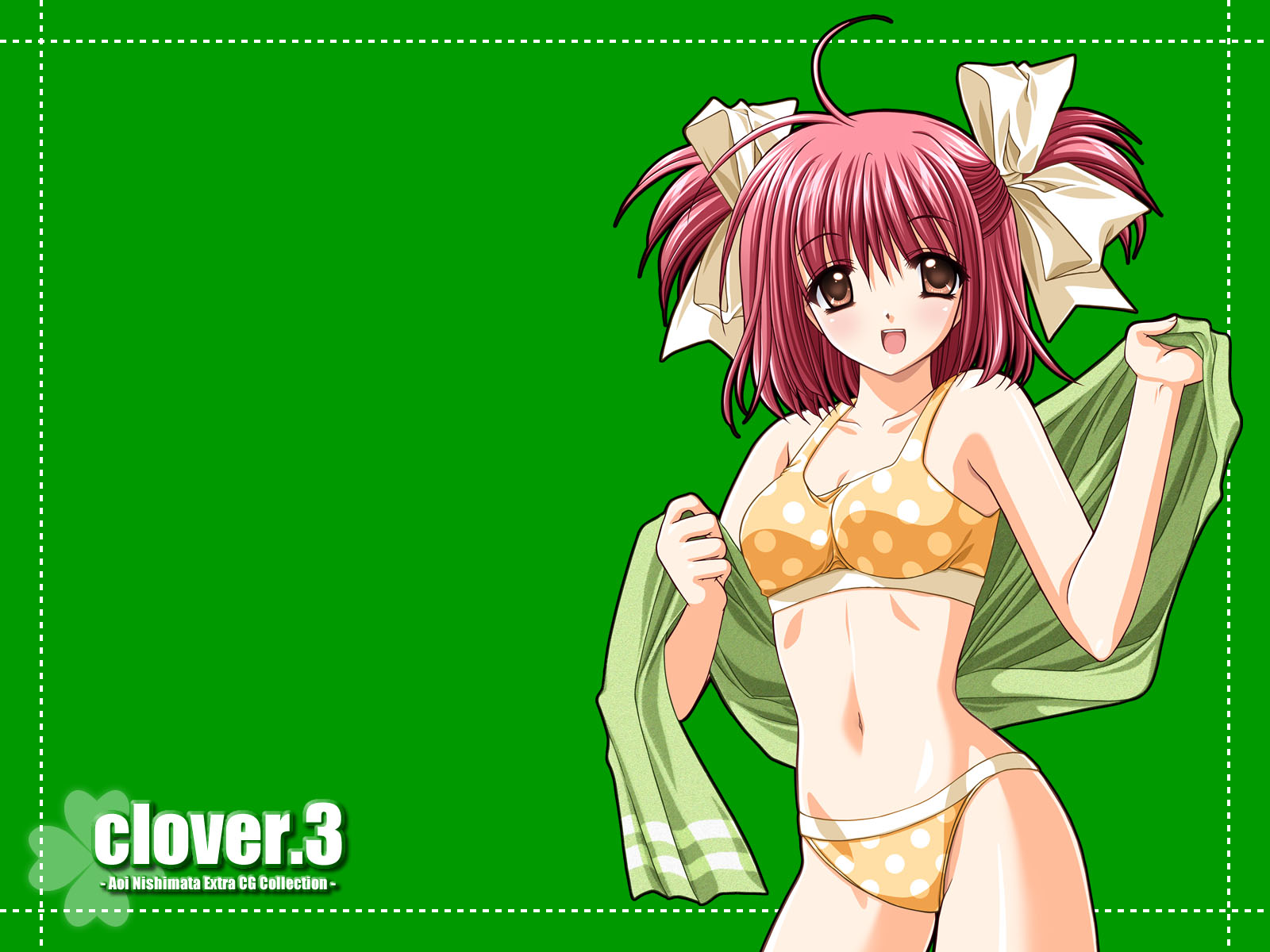 nishimata aoi, clover (game cg), highres, 1girl, ahoge, artist name, bikini, brown eyes, clover, collarbone, copyright name, cowboy shot, female focus, green background, hair ribbon, looking at viewer, navel, orange bikini, polka dot, polka dot bikini, polka dot swimsuit, red hair, ribbon, simple background, solo, swimsuit, towel, twintails, two side up, white ribbon