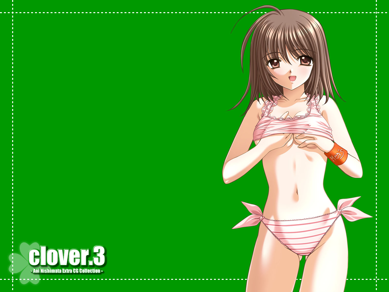 nishimata aoi, clover (game cg), highres, 1girl, bikini, breasts, brown eyes, brown hair, clover, female focus, green background, medium breasts, short hair, solo, swimsuit, underboob