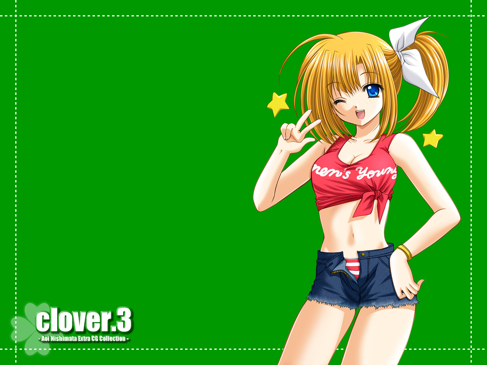 nishimata aoi, clover (game cg), highres, 1girl, blonde hair, blue eyes, clover, crop top, denim, denim skirt, female focus, green background, midriff, one eye closed, open fly, short hair, skirt, solo, star (symbol), unzipped