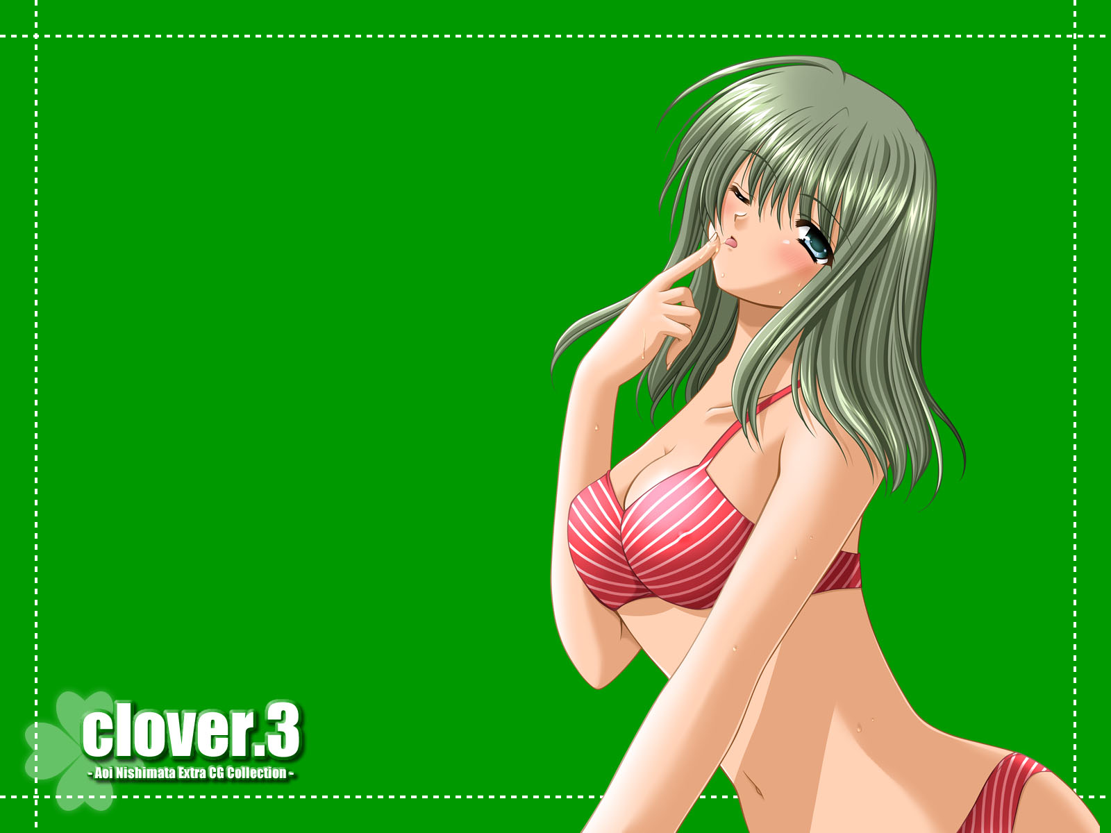 nishimata aoi, clover (game cg), highres, bikini, blue eyes, clover, green background, green hair, one eye closed, solo, swimsuit, wink